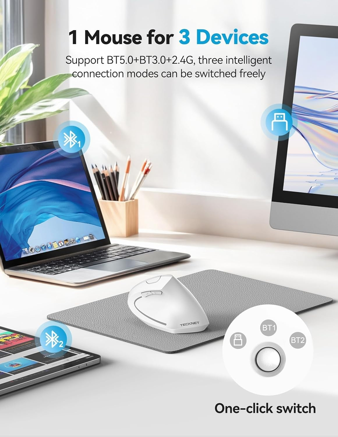 White Vertical Ergonomic Mouse Bluetooth Rechargeable 4800 DPI