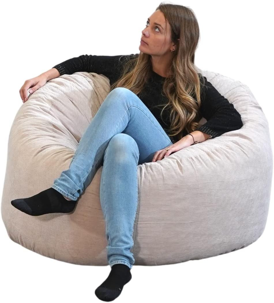 Adult Bean Bag Chair Beige Cord 100cm Foam Filled Sofa Seat for Back Pain