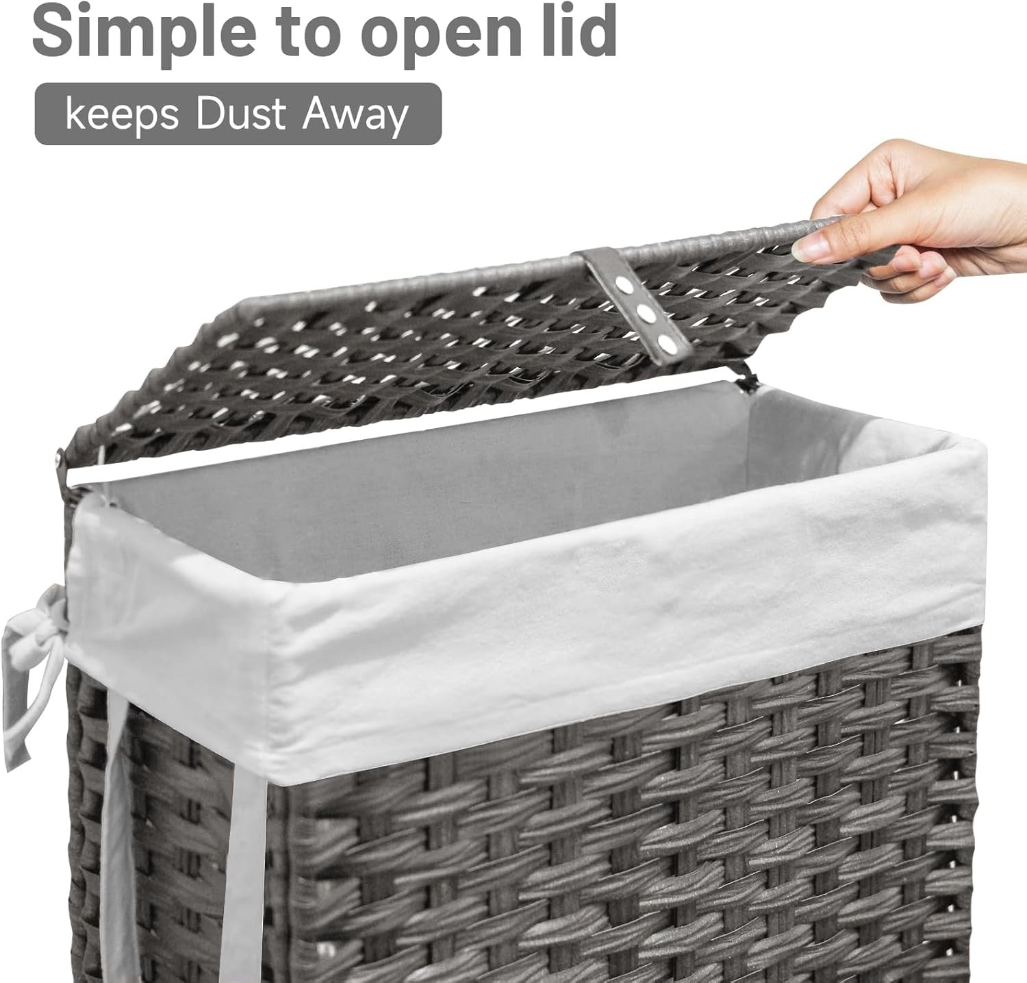 70L Slim Rattan Laundry Hamper Grey with Wheels 2 Liner Bags Tall Basket