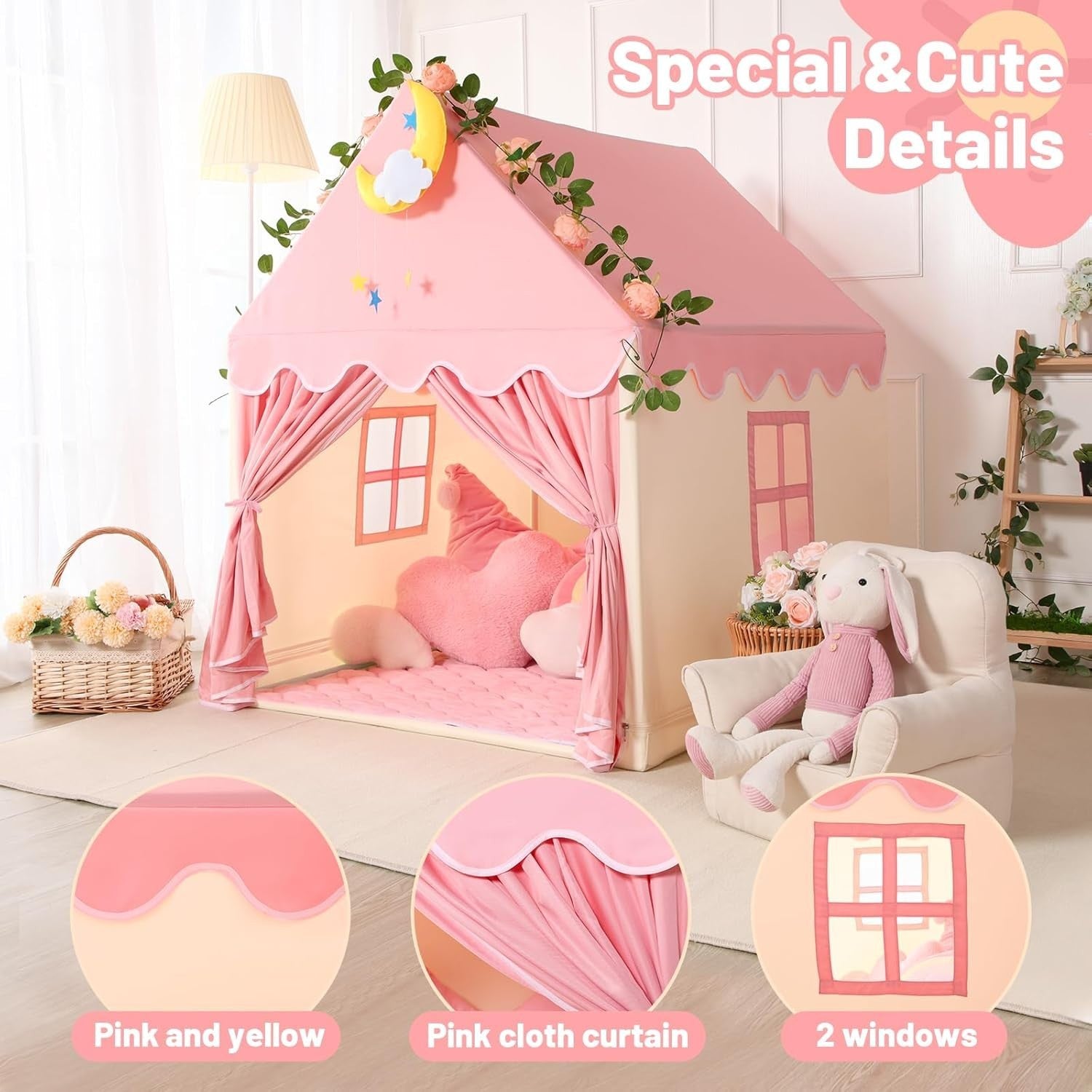 Kids Princess Play Tent with Lights Indoor Playhouse Pink Yellow