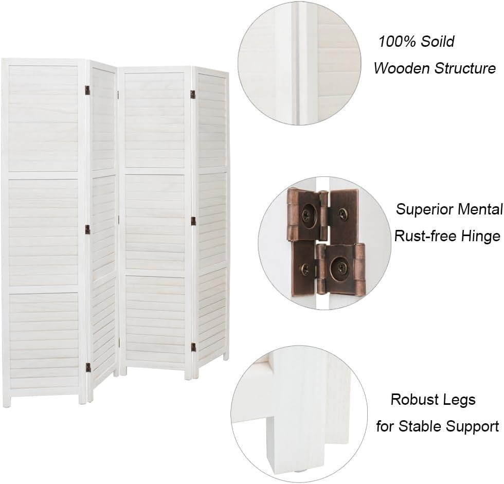 White 4 Panel Wooden Folding Room Divider Privacy Screen for Home Office 170cm