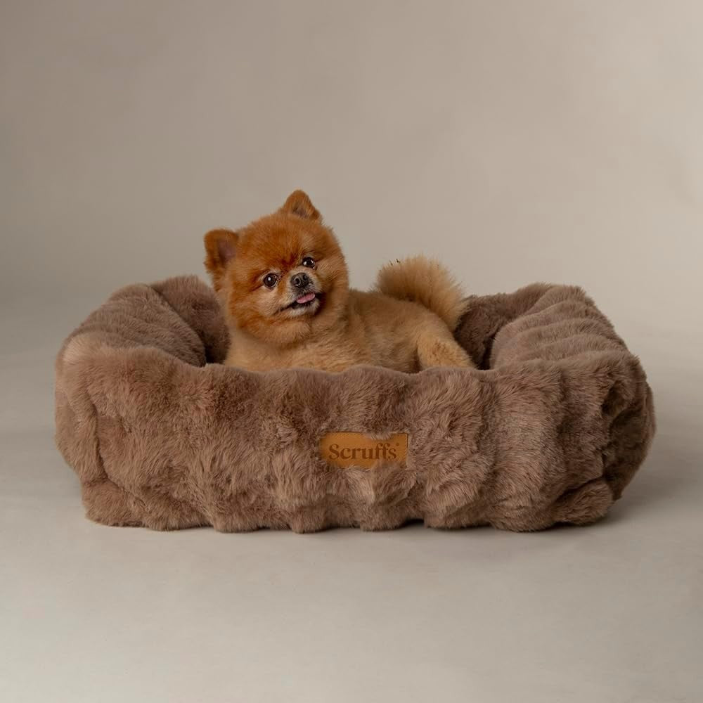 Luxury Faux Fur Dog Box Bed 60x50cm Bolstered Non Slip