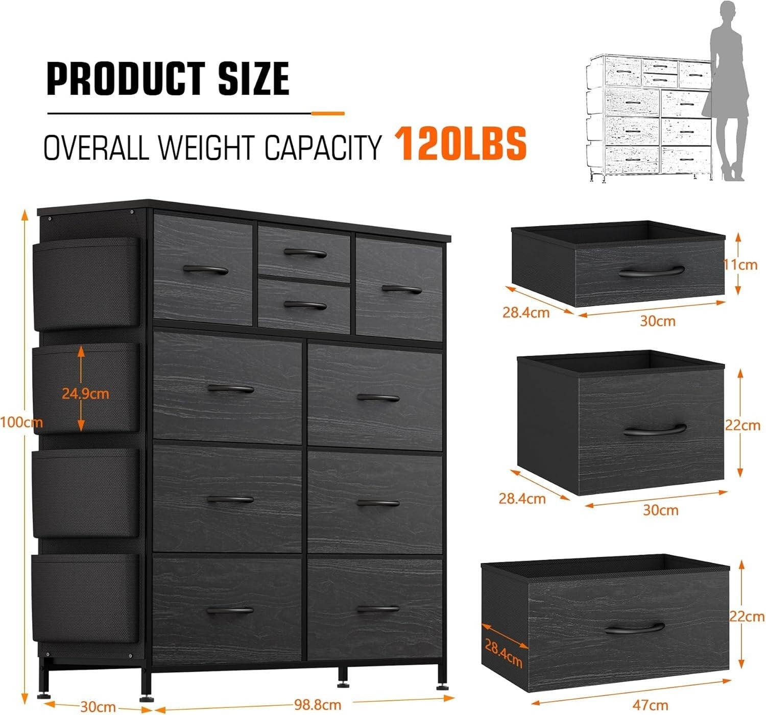 Black Wood Grain 10 Drawer Tall Chest with Fabric Drawers & Side Storage