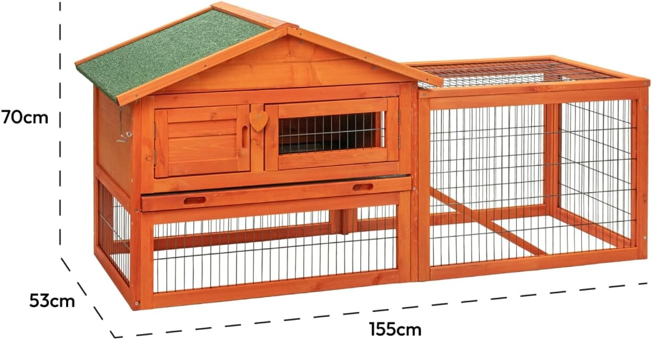 2 Tier Wooden Rabbit Hutch with Run Outdoor Cage Ramp Slide Out Tray