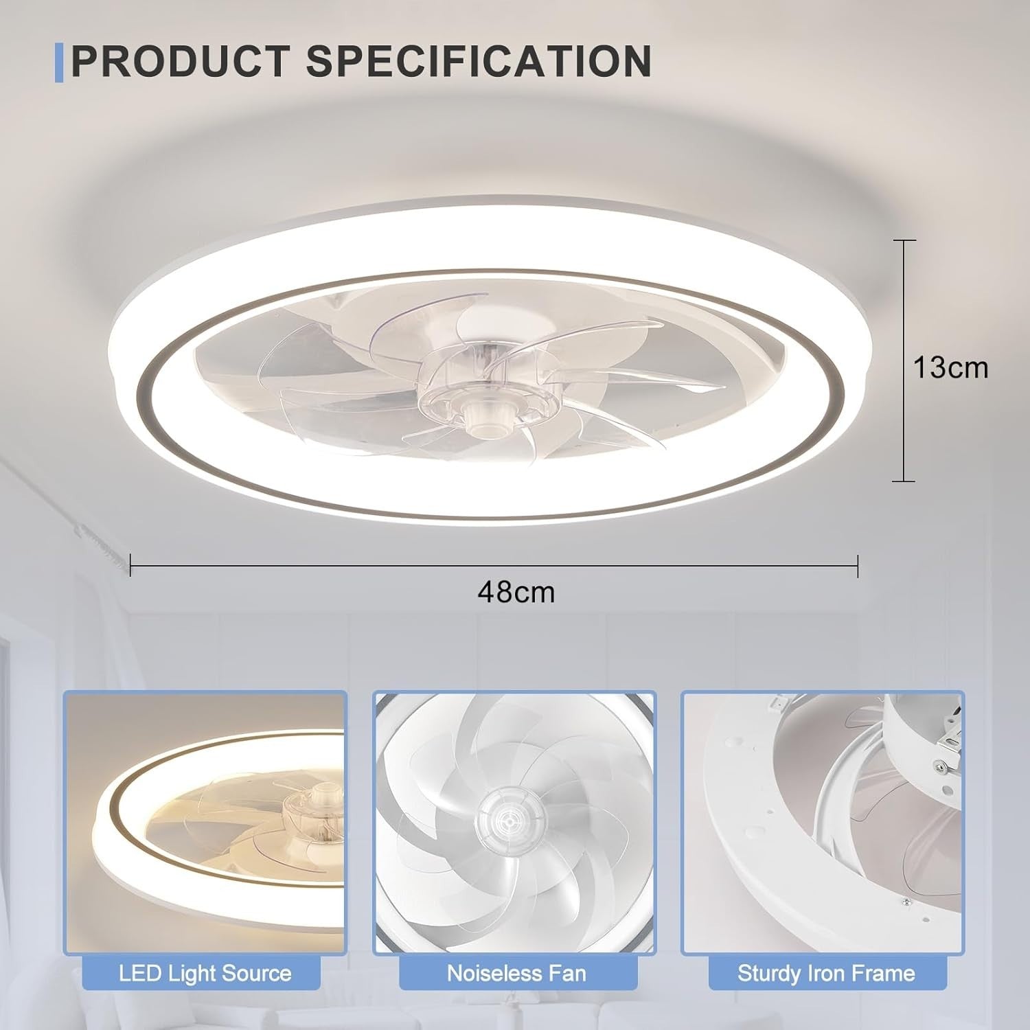 48cm Modern Ceiling Fan Light with Remote, 6 Speeds, Dimmable LED 3-Color