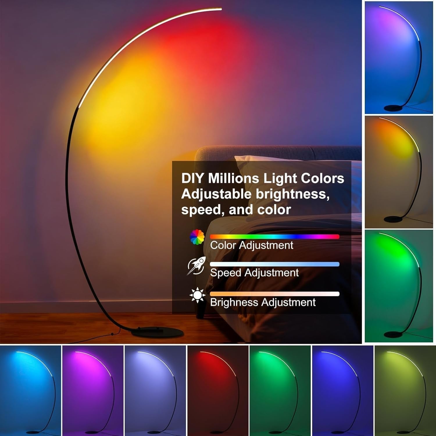 RGB Arc Floor Lamp LED Dimmable App Remote 165cm Colour Changing Light