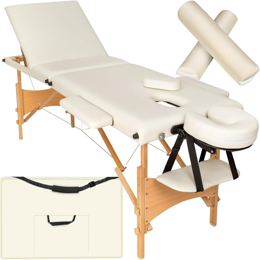 Portable Massage Table Set Foldable Wooden Beauty Therapy Bed Adjustable Beige