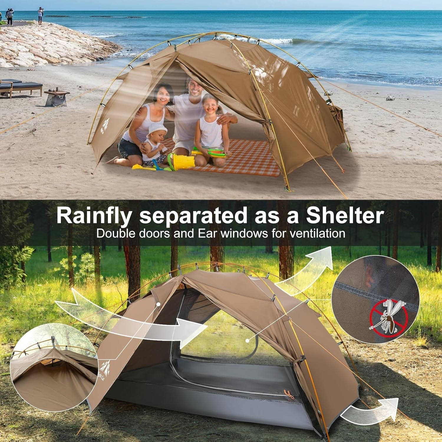 Waterproof 2 Person Camping Tent Lightweight Backpacking Easy Setup Hiking