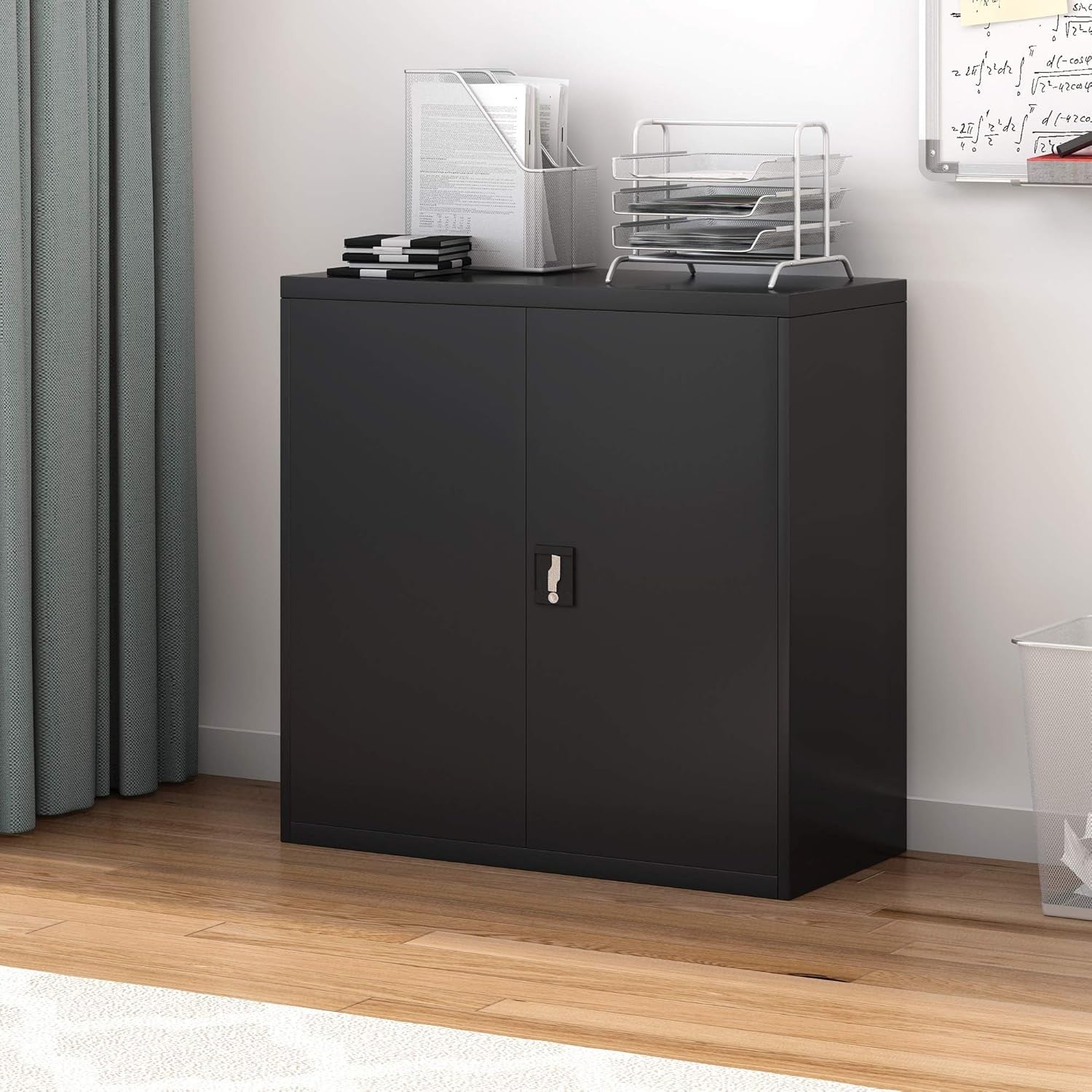 Black Metal Office Storage Cabinet 2 Door Cupboard with 3 Shelves 90cm
