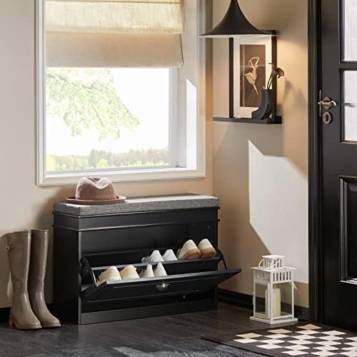 Black Shoe Storage Bench with Cushion & Flip Drawer – Slim Hallway Cabinet