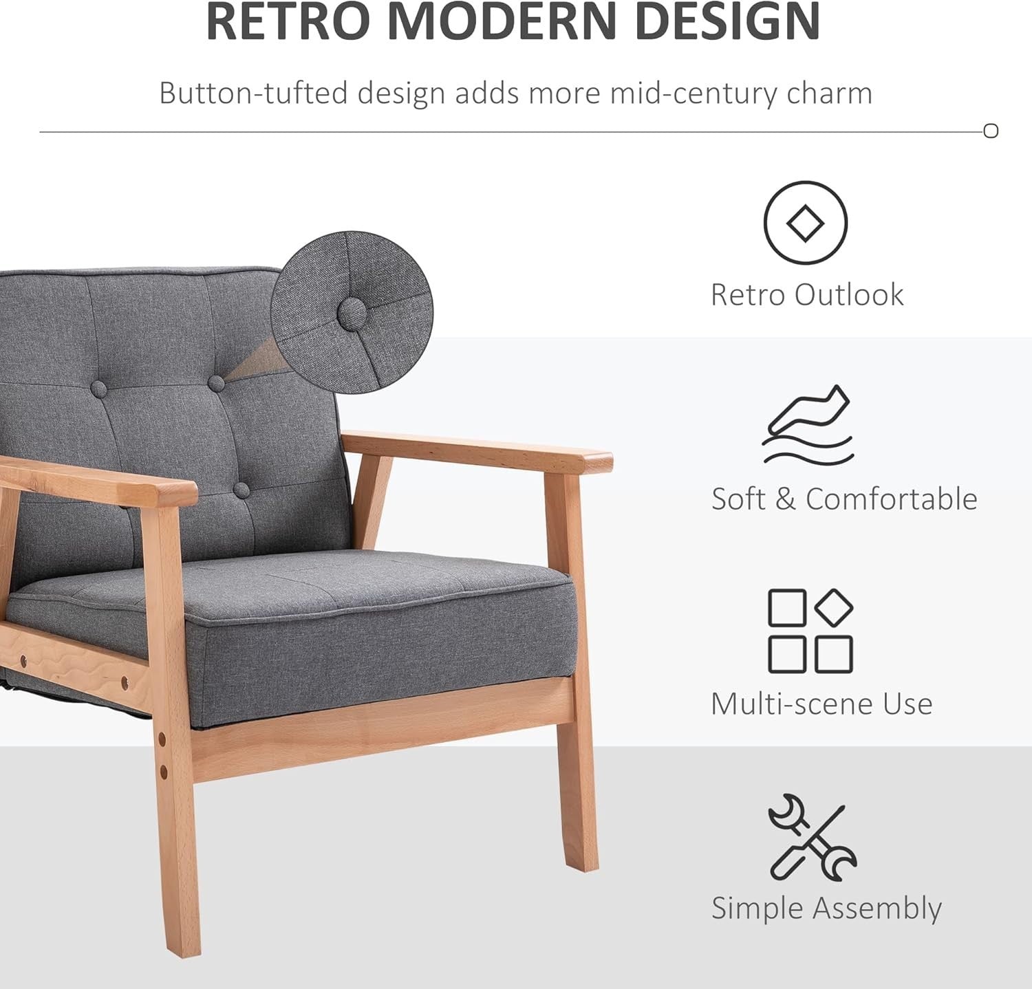 Grey Linen Armchair Wooden Frame Retro Accent Chair Lounge Seat 120kg