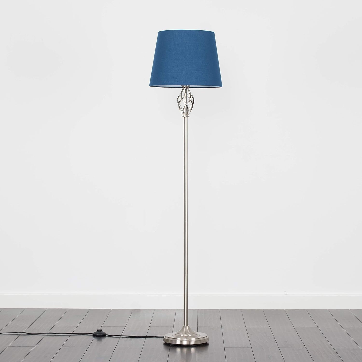 Traditional Nickel Twist Floor Lamp Navy Blue Tapered Shade Living Room Light