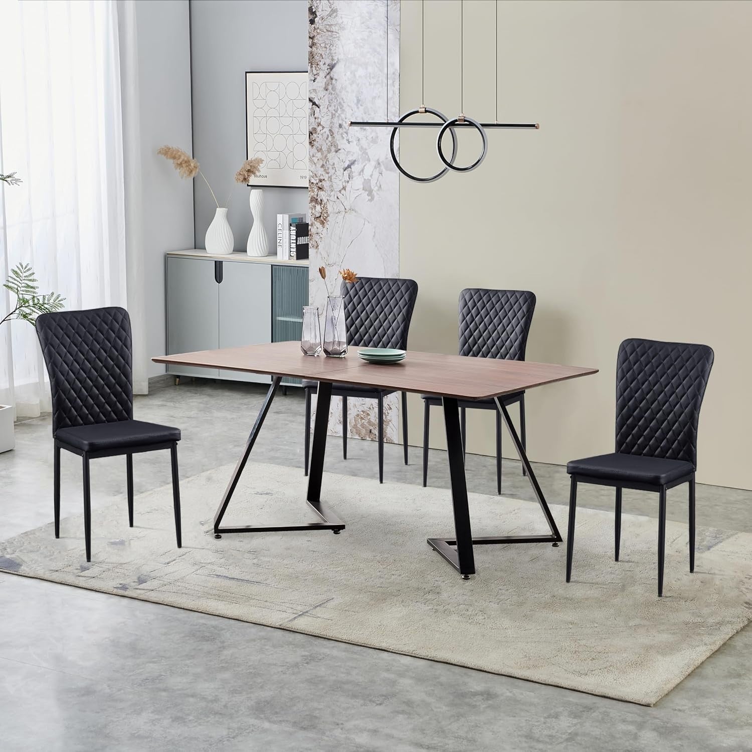Modern Dining Table Set with 6 Black Faux Leather Chairs Oak 150x80cm