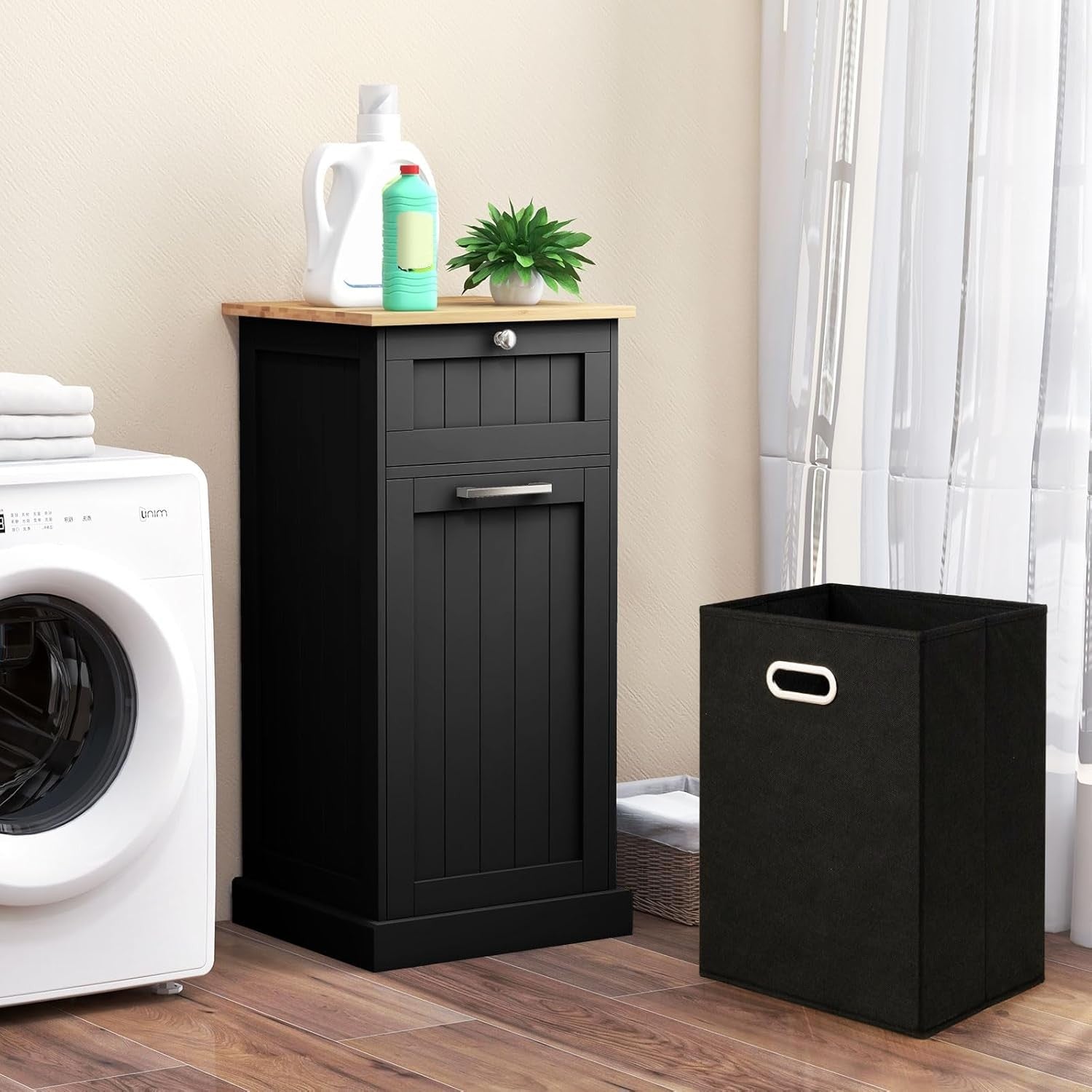 Black Tilt-Out Laundry Cabinet with Drawer & Removable Hamper | Freestanding Bat