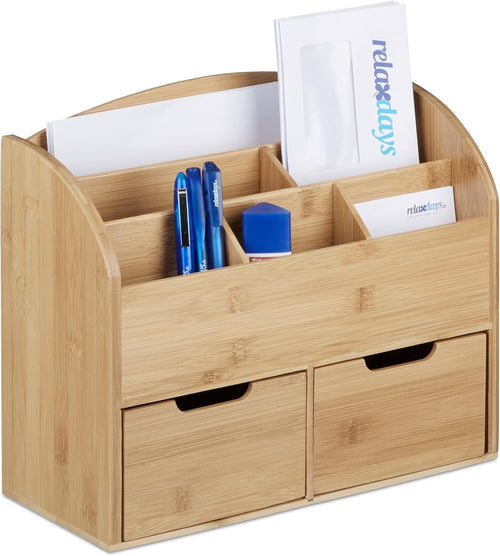 Bamboo Desk Organizer with 6 Compartments & 2 Drawers Natural Wood