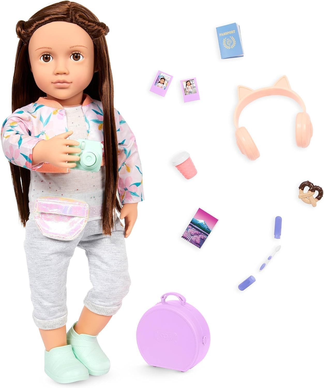 18-Inch Travel Doll Brown Eyes Long Hair Carry-On Luggage Set