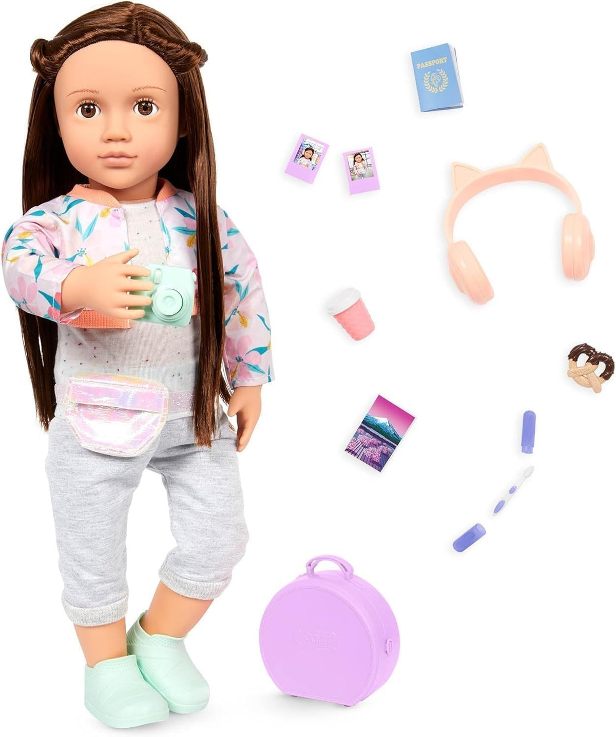 18-Inch Travel Doll Brown Eyes Long Hair Carry-On Luggage Set