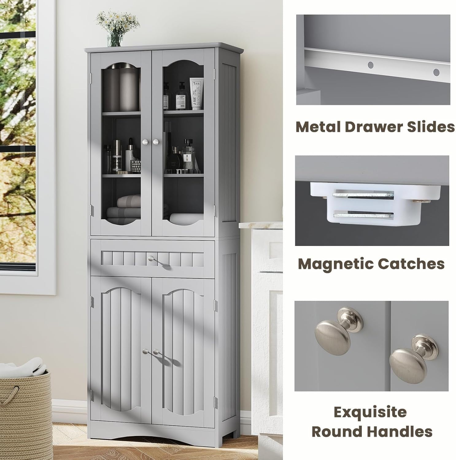 Tall Bathroom Cabinet Grey Freestanding Storage Cupboard 4-Door Drawer