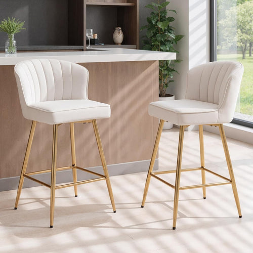 Set of 2 Beige Velvet Bar Stools with Gold Metal Legs Adjustable Counter Chairs