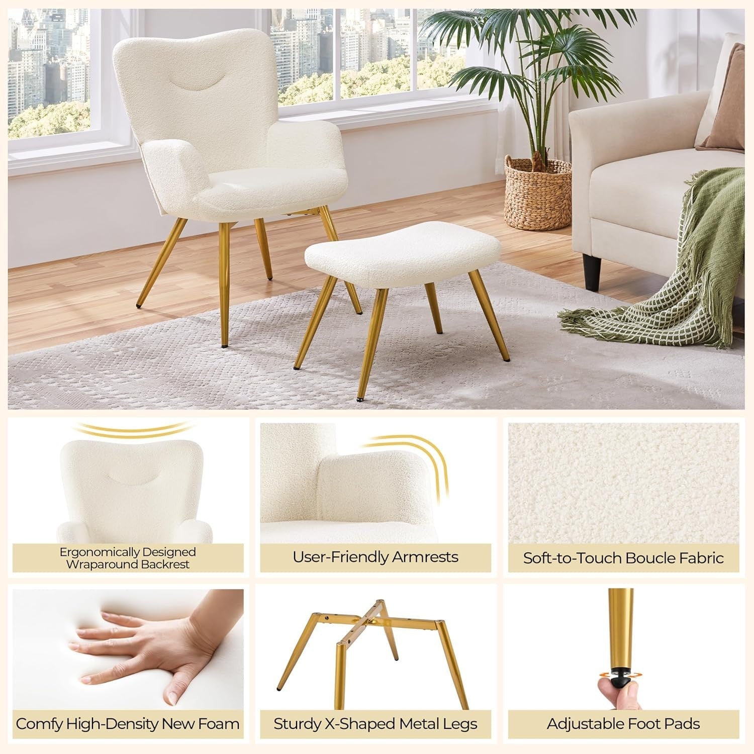 Cozy Ivory Boucle Armchair & Ottoman Set | Plush Lounge Chair with Metal Legs