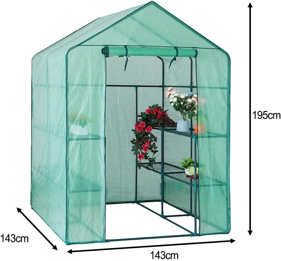 Green PVC Greenhouse Cover Walk-In Reinforced Plant Protector 143x143x195cm