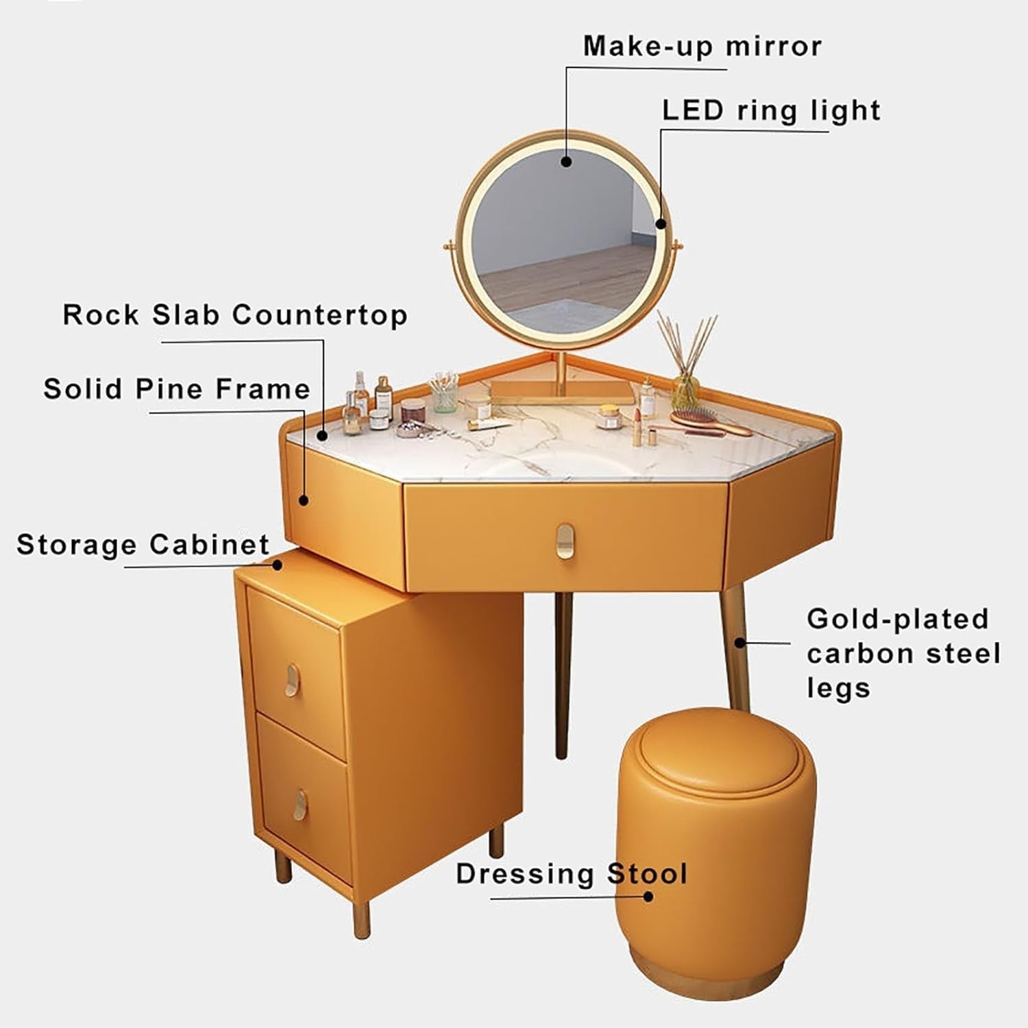 Makeup Vanity Set Wood | Hollywood LED Mirror | Dresser Desk Table 5 Drawers Lig