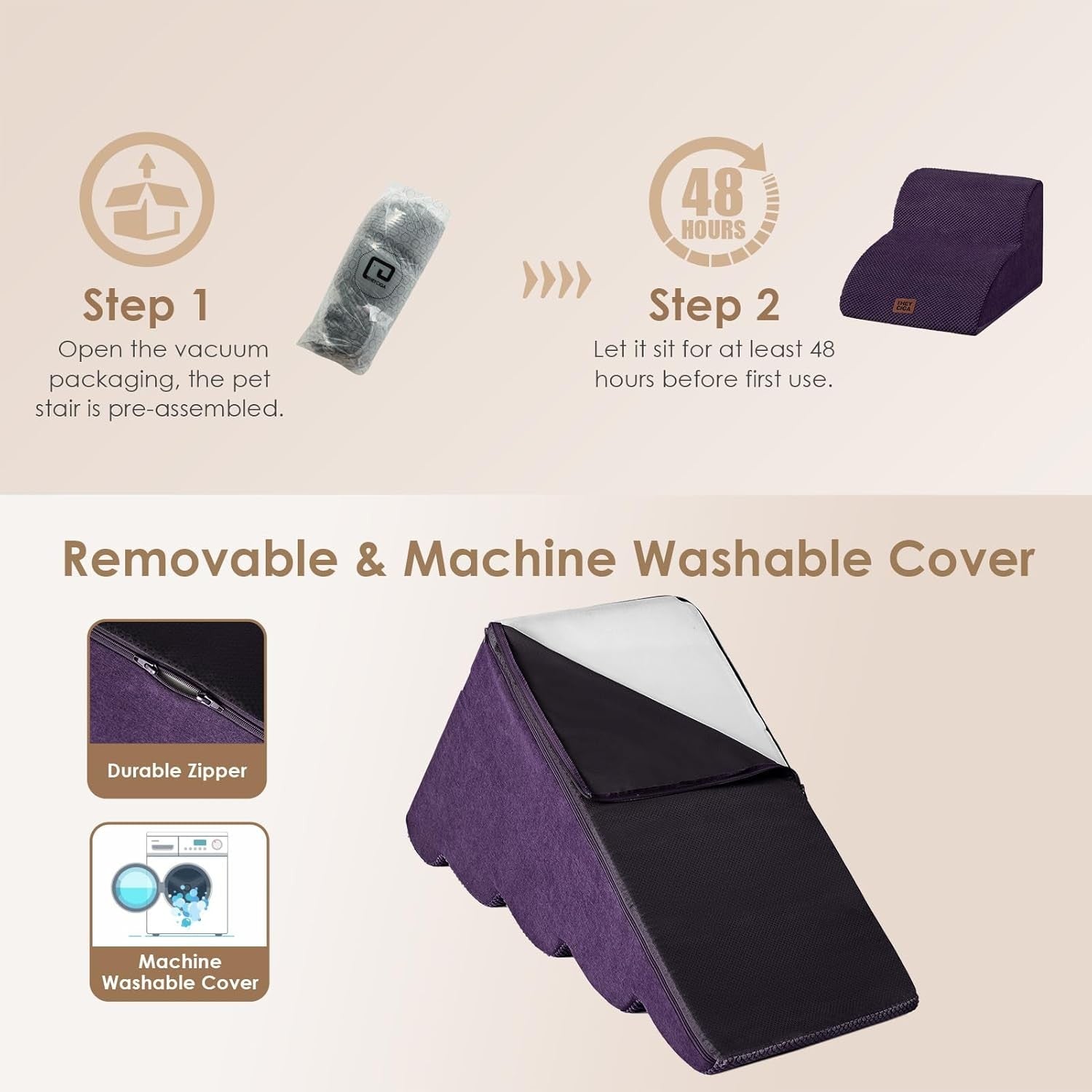 2 Step Dog Stairs for Sofa Non Slip Pet Steps Washable Purple