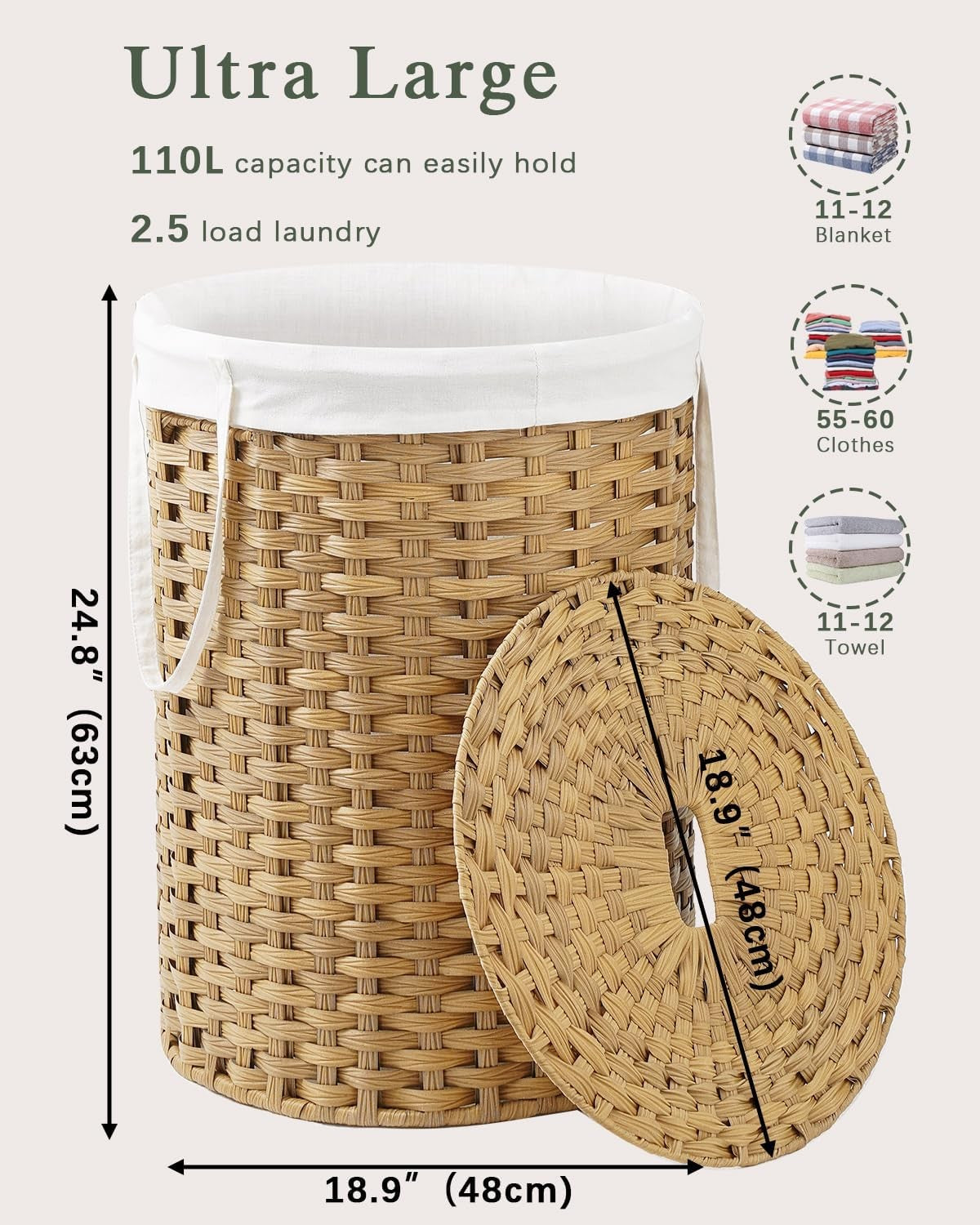 110L Round Rattan Laundry Basket with Lid Large Woven Hamper Natural Storage