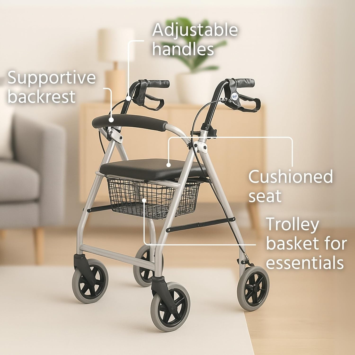4 Wheel Rollator Walker with Seat Lightweight Folding Mobility Aid Brakes Basket