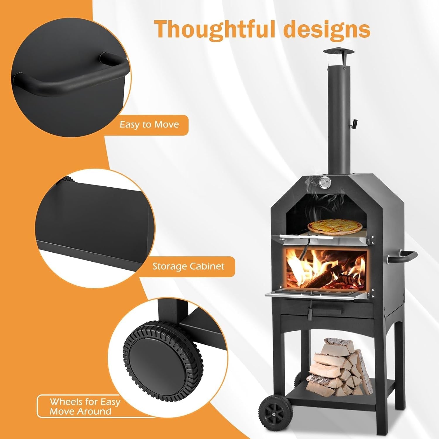 Outdoor Wood Fired Pizza Oven | BBQ Grill with Chimney, Stone & Thermometer