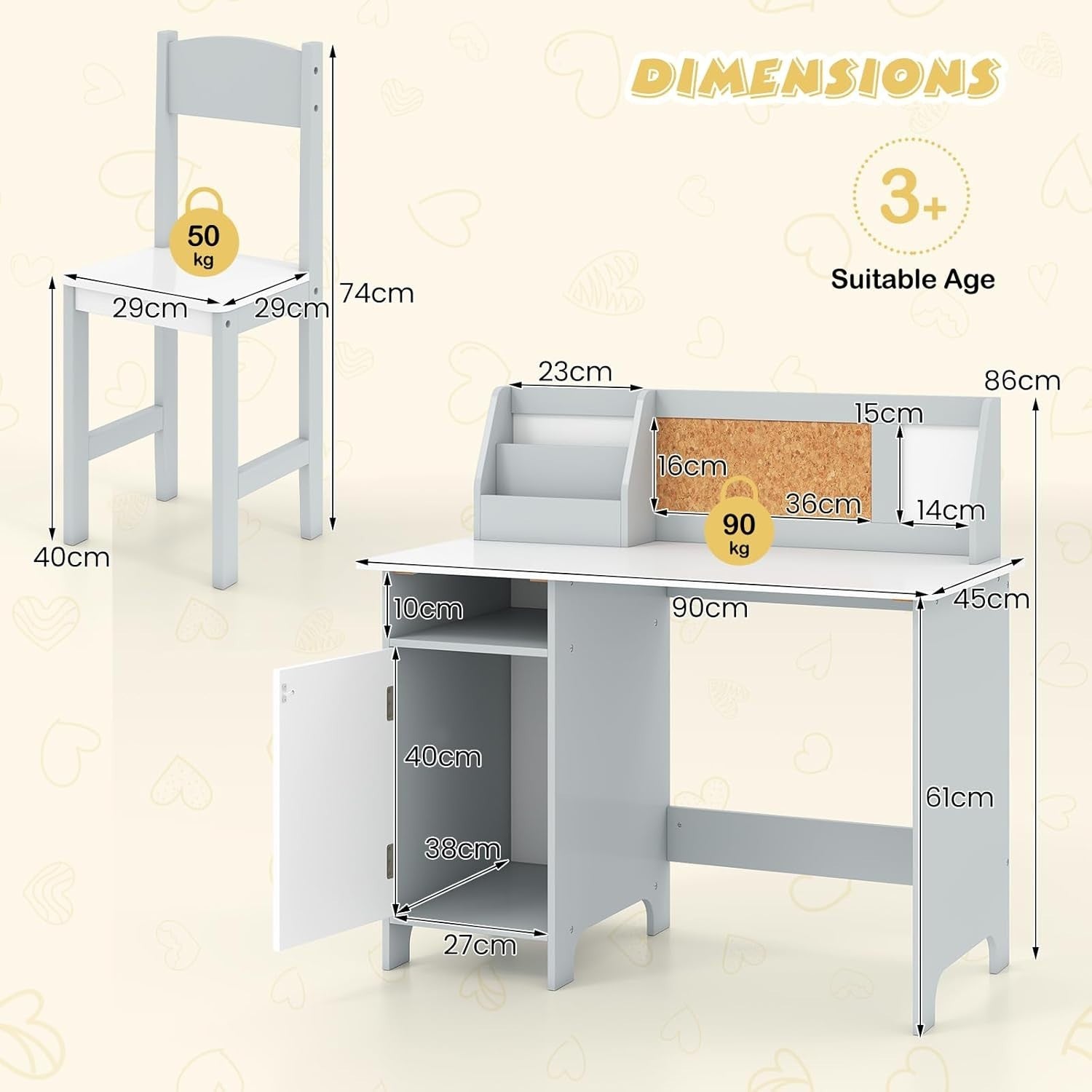 Kids Study Desk & Chair Set with Storage, Cork Board, Ergonomic Comfort