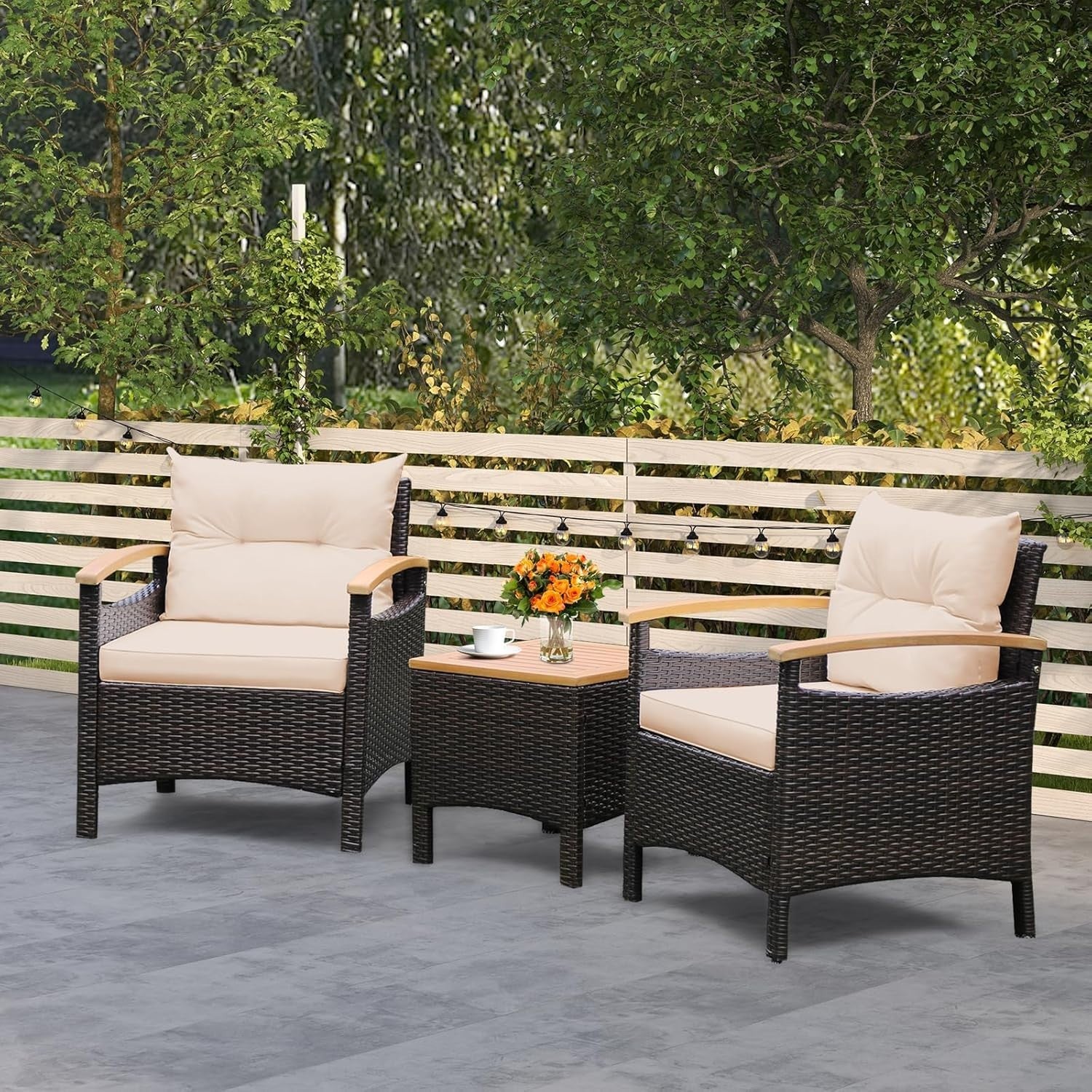 Rattan Garden Conversation Set Cushioned Armchairs Acacia Top Coffee Table