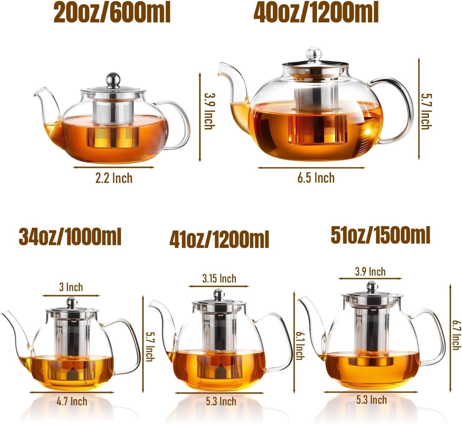 1500ml Glass Teapot with Stainless Infuser Stovetop Safe Tea Kettle