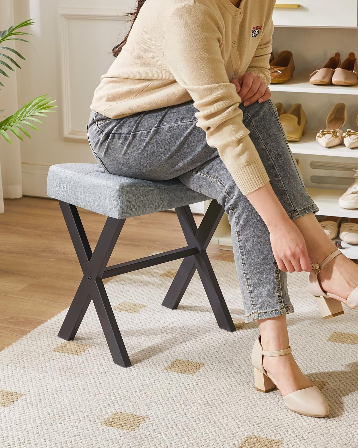 Blue Gray U-Shaped Linen Vanity Stool with X-Leg – Makeup Seat & Footrest