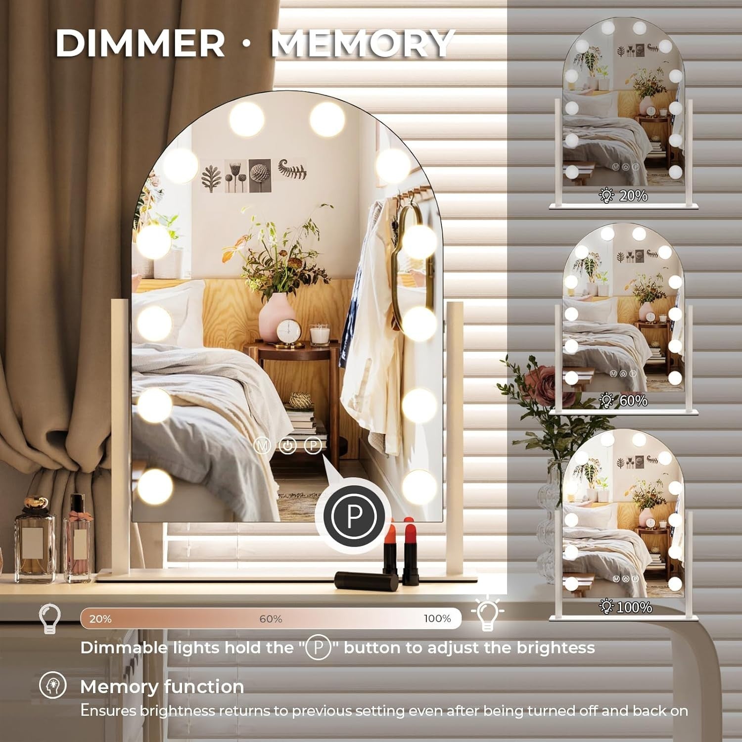 Hollywood Vanity Mirror 47x30cm | 12 LED Bulbs, 3 Lighting Modes, 5X Magnify
