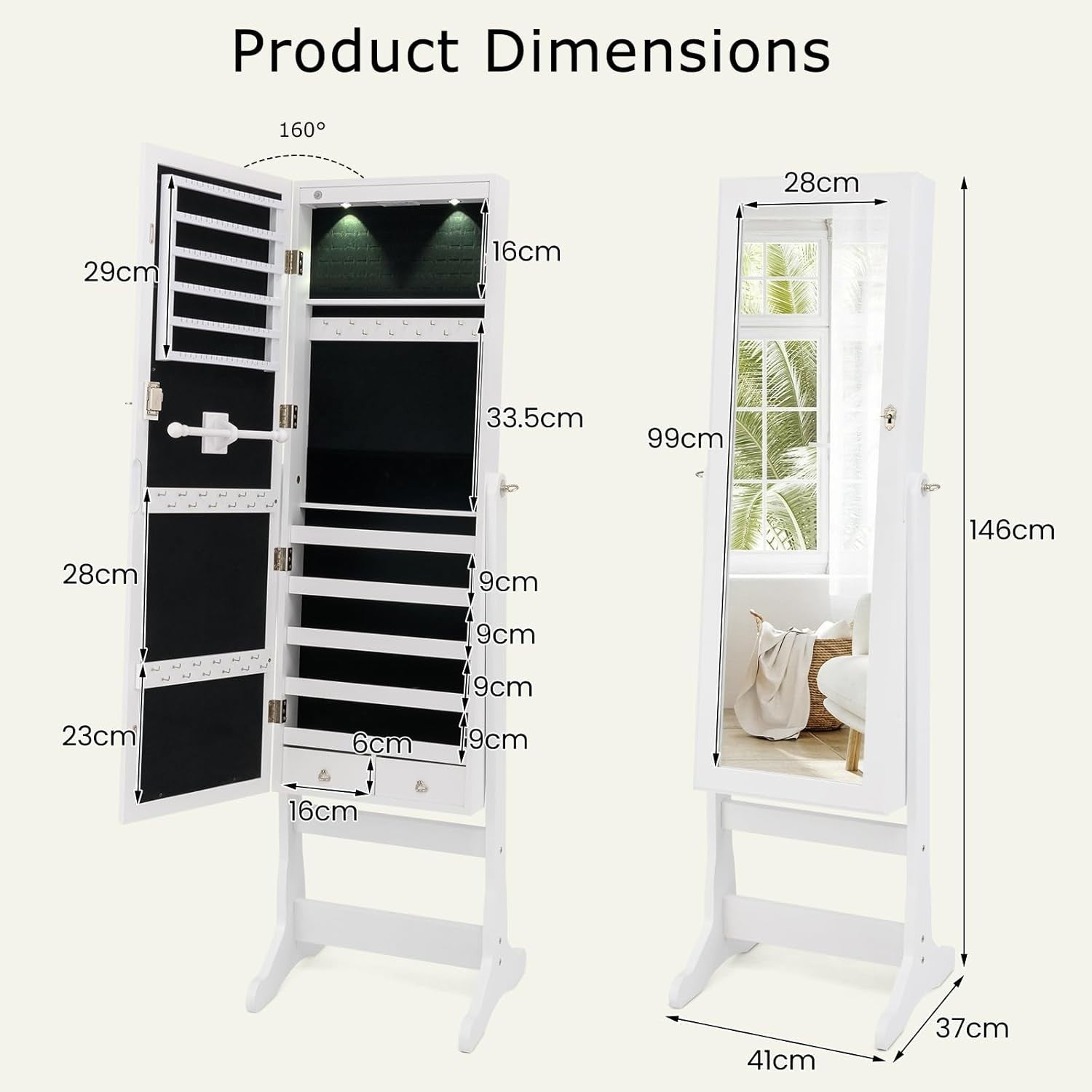 Freestanding LED Jewelry Cabinet Lockable Full Length Mirror Storage
