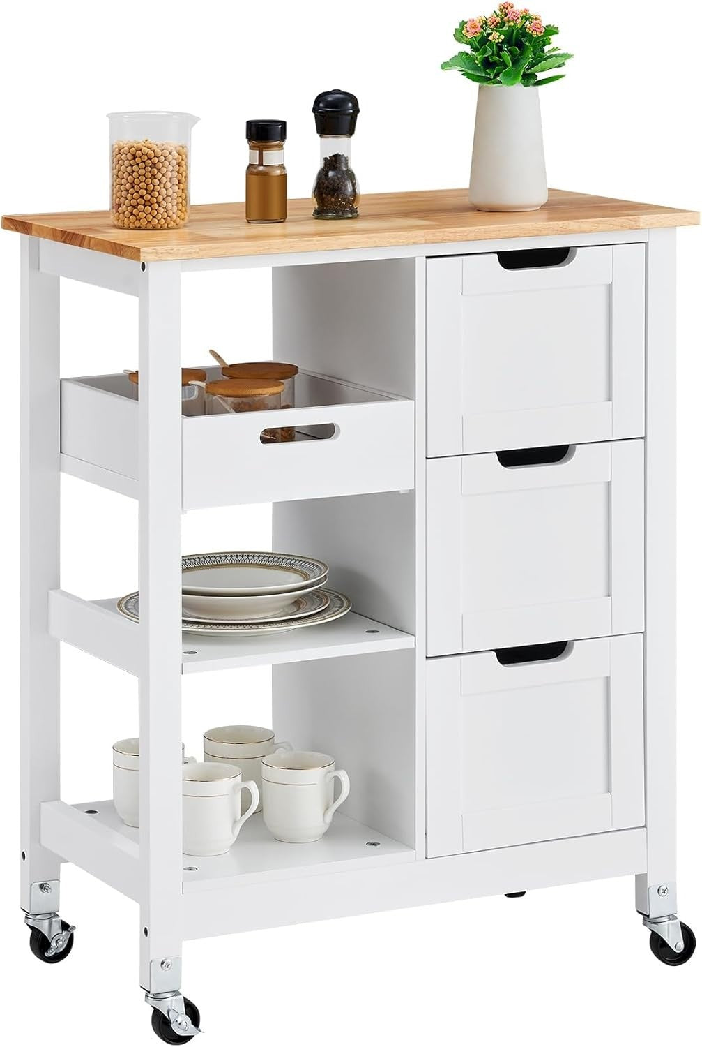 Rolling Kitchen Island Cart with Solid Wood Top, Storage Drawers & Shelves