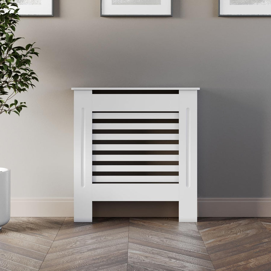 Small White Radiator Cover Modern MDF Cabinet Horizontal Slat W78xH81.5cm