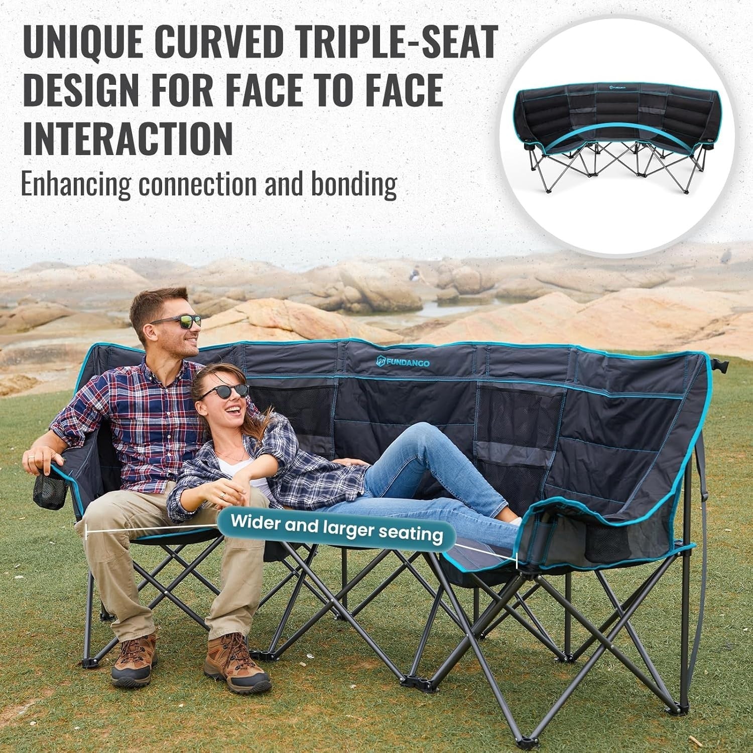 Triple Camping Chair 3-Seater Folding Sofa with Cooler Bag Padded Seat