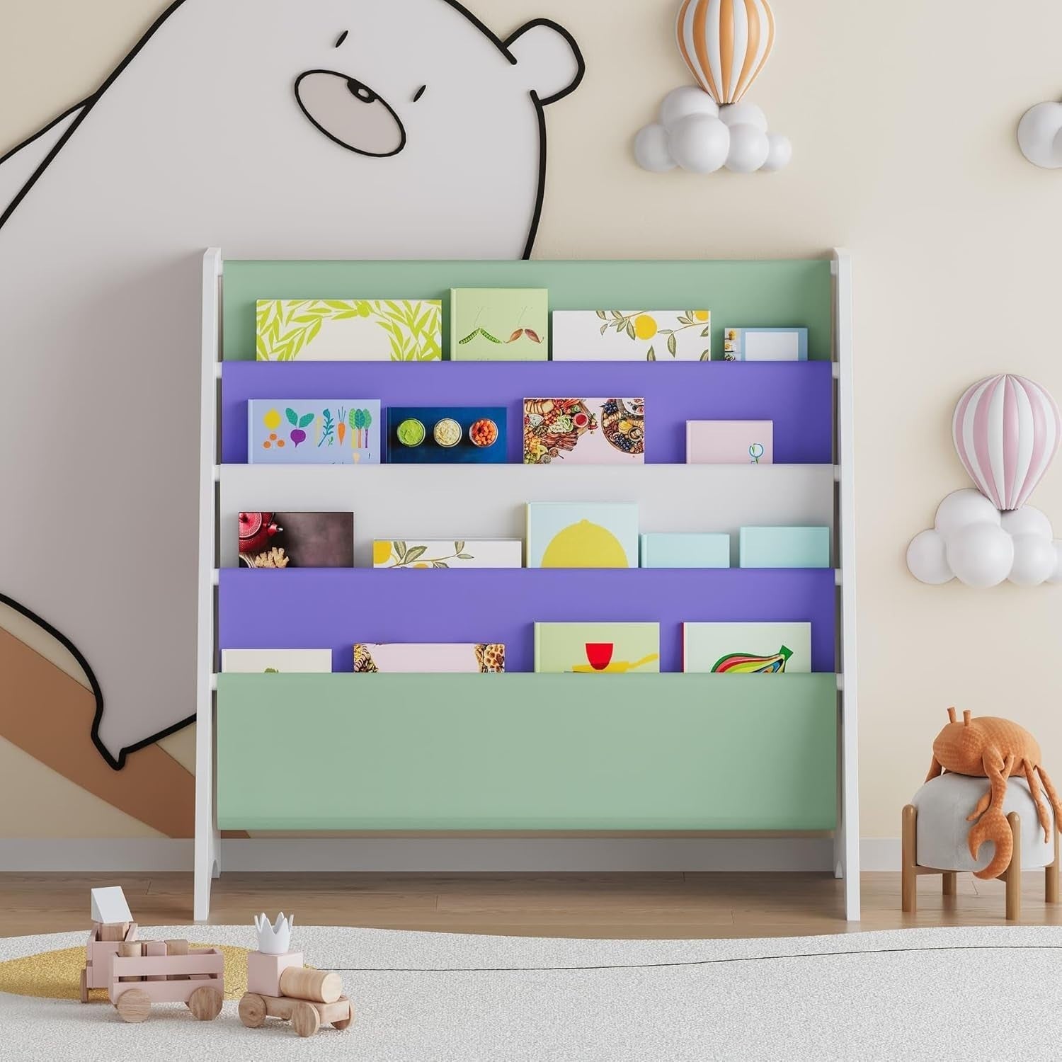 Kids 4 Tier Bookshelf with Sealife Design Wooden Book Storage Unit Furniture