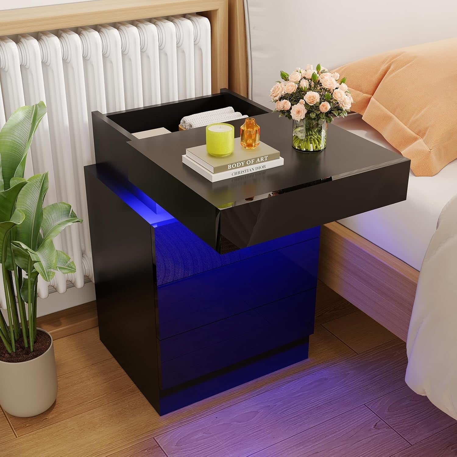 Modern LED Bedside Table with USB Charging, 3 Drawers, Hidden Storage