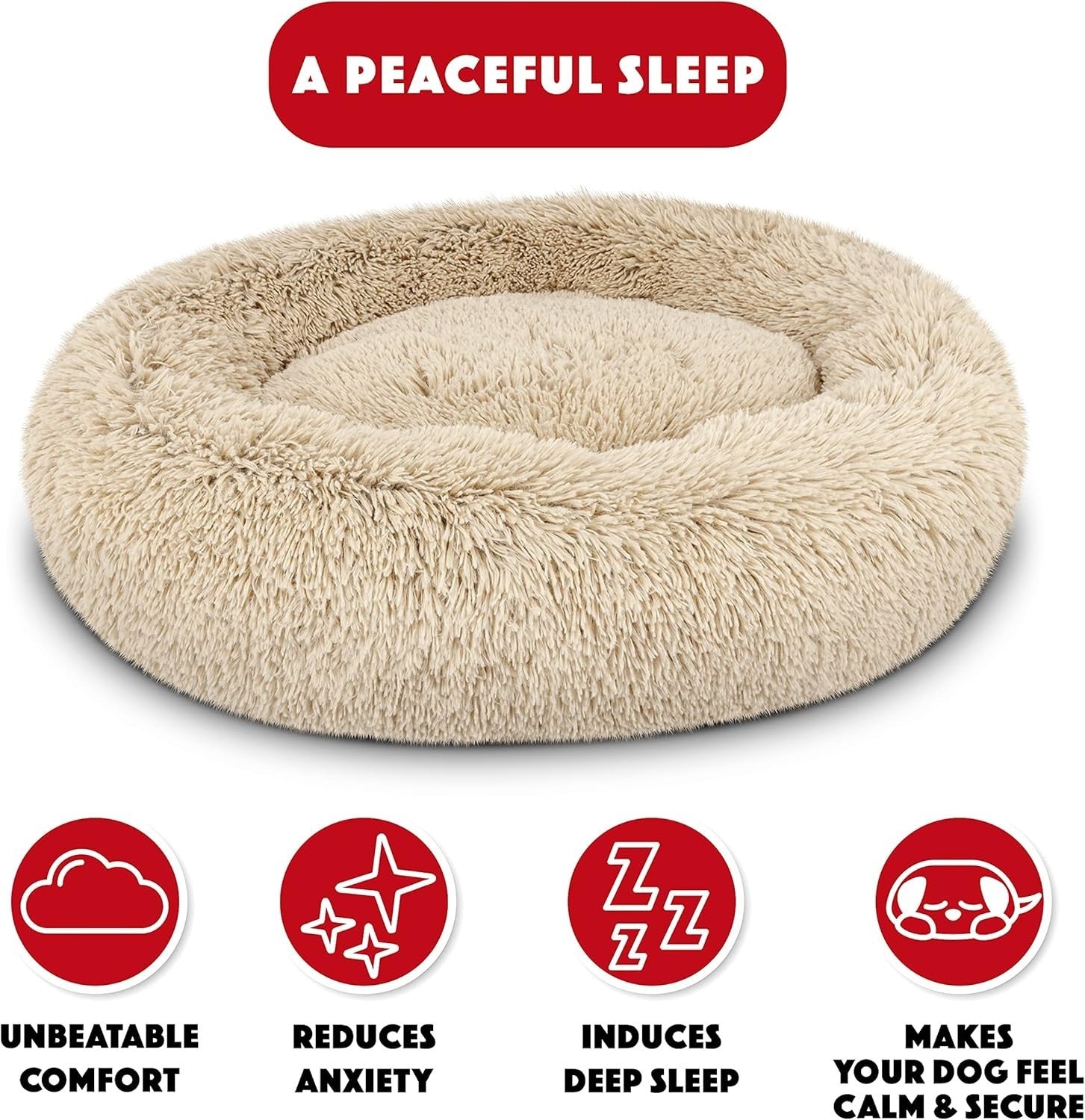 Medium Calming Donut Dog Bed 76cm Plush Round Nest Beige