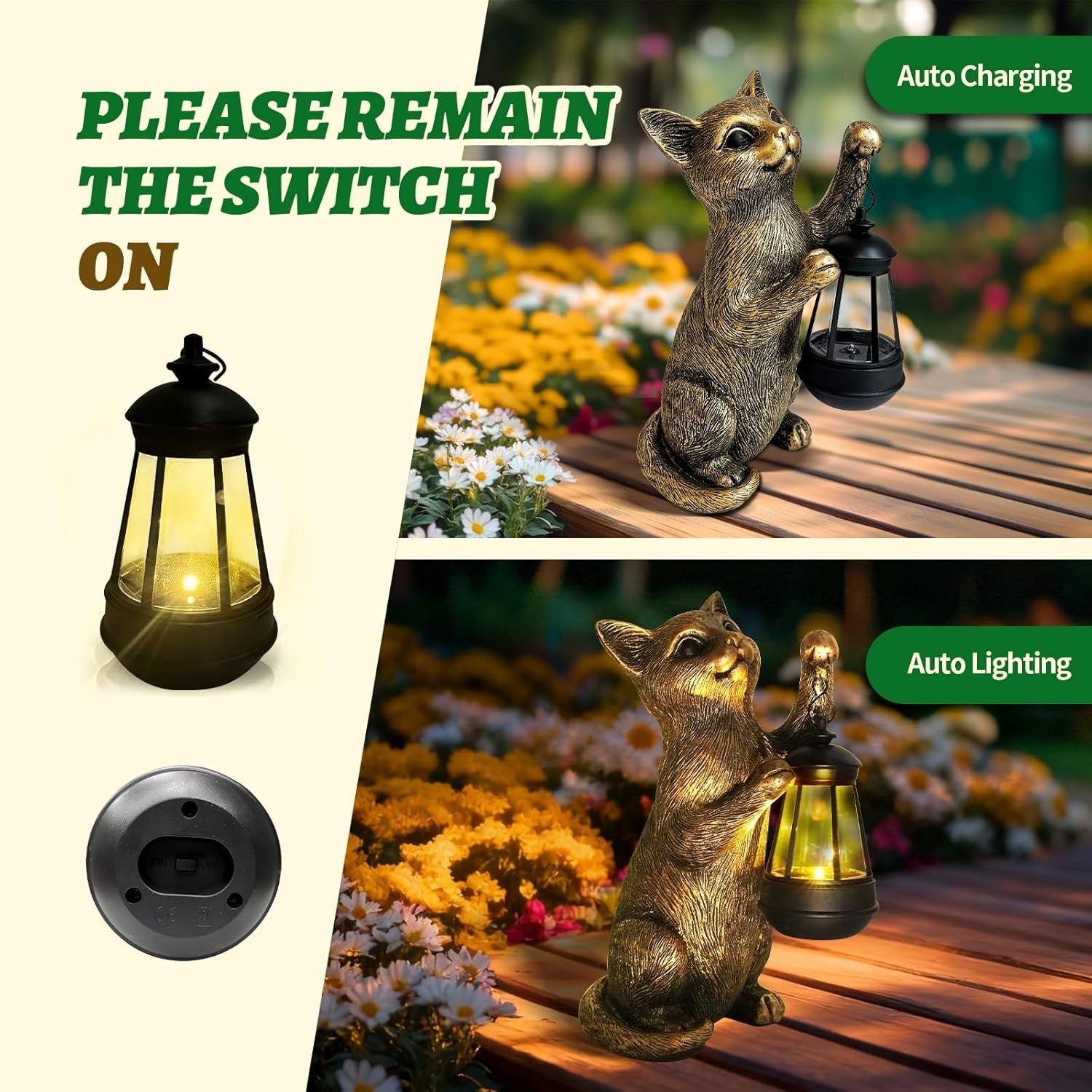 Solar Cat Garden Statue with Lantern Outdoor Resin Ornament LED Yard Decor