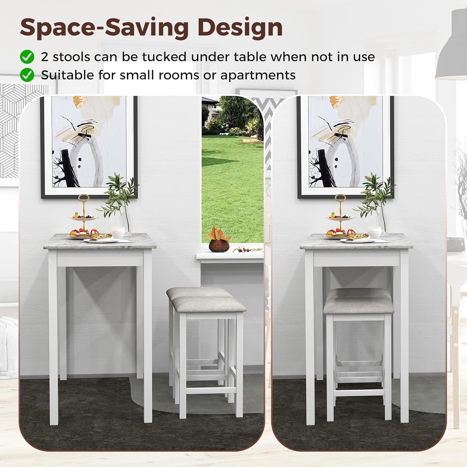 3-Piece Bar Table Set with 2 Stools, Compact Breakfast Bar with Cushioned Seats