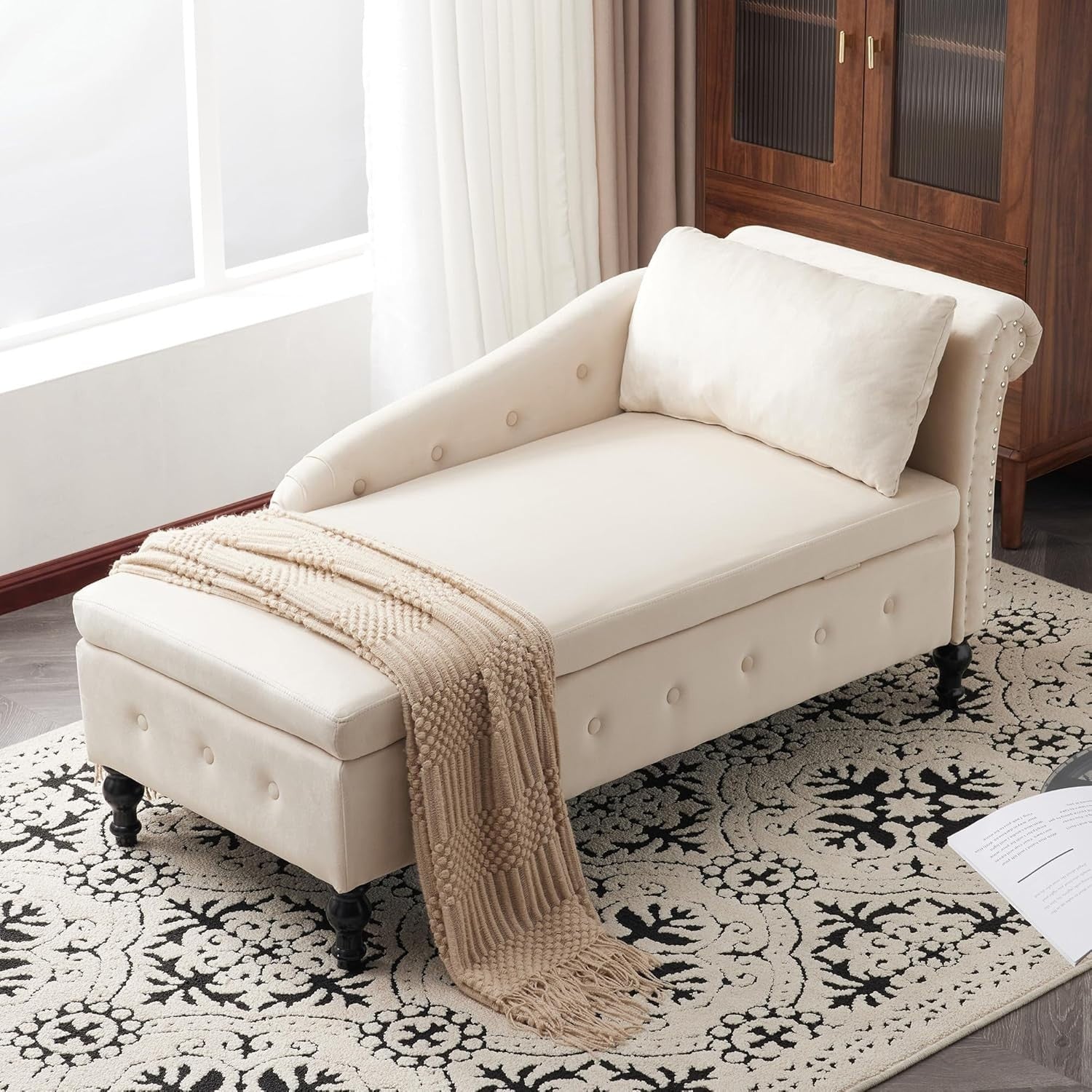 Chaise Lounge Sofa with Storage Button Tufted Velvet Ergonomic Couch