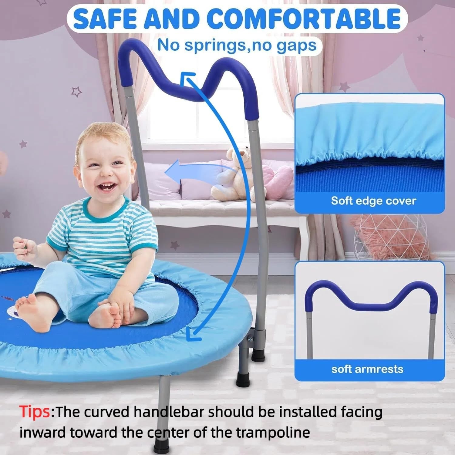 36in Kids Trampoline Adjustable Handle Foldable Indoor Outdoor Blue