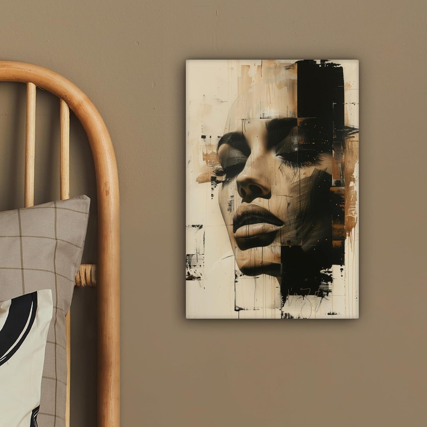 Abstract Woman Canvas Wall Art 20x30cm Framed Modern Beige Decor