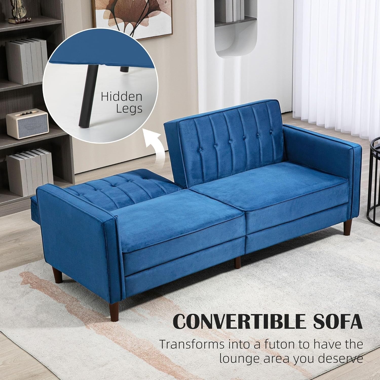 Blue Velvet 3 Seater Sofa Bed Click Clack Recliner Couch Guest Sleeper