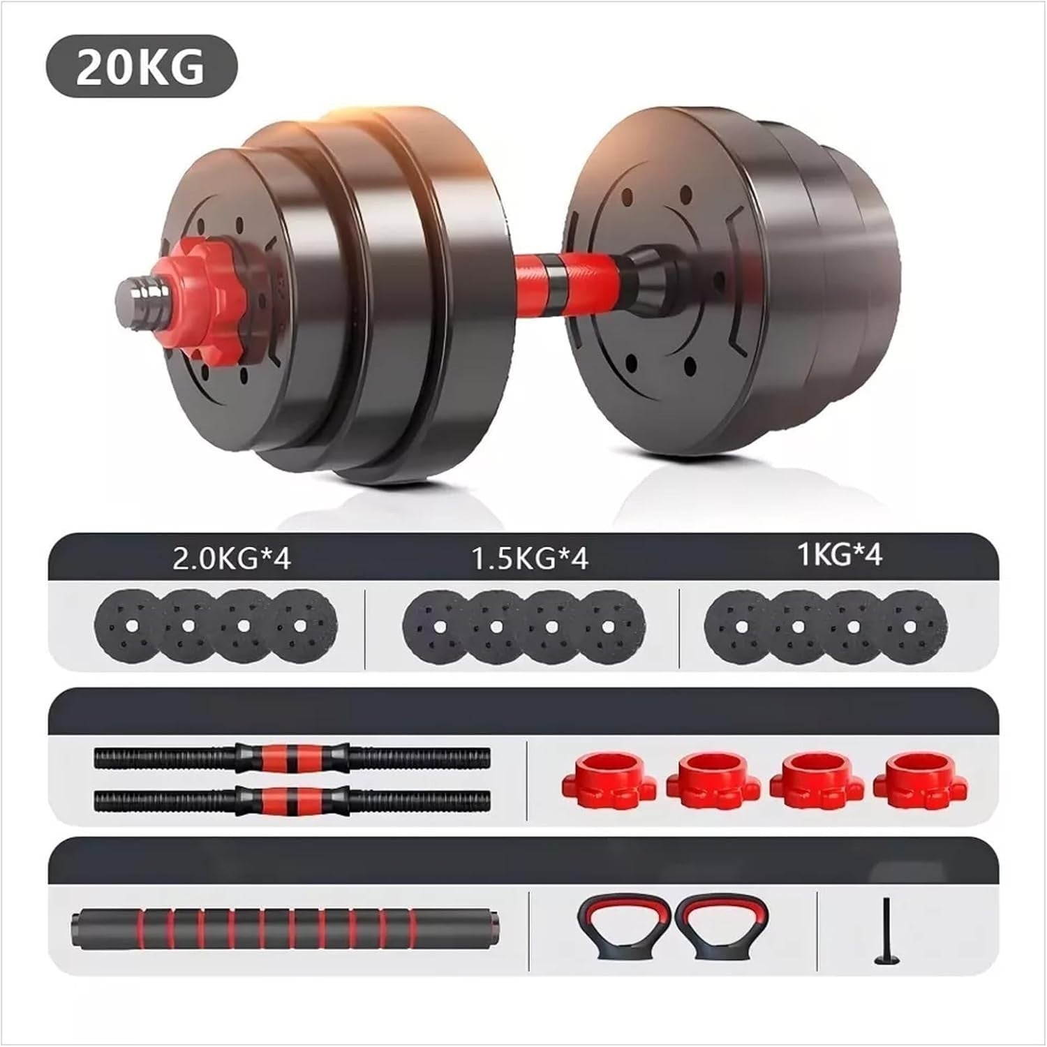 6-in-1 Adjustable Dumbbell Barbell Kettlebell Set 20kg Home Gym Weights
