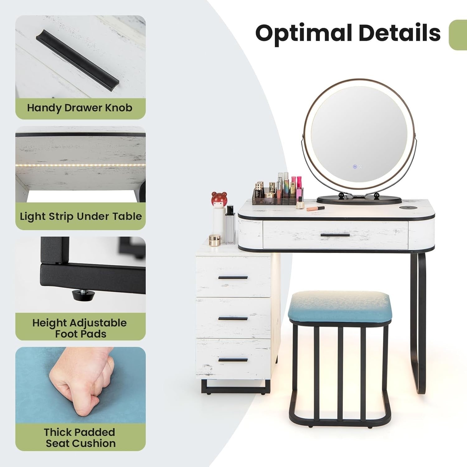 Vanity Makeup Dressing Table Set with Lighted Mirror Stool 3-Drawer Charger